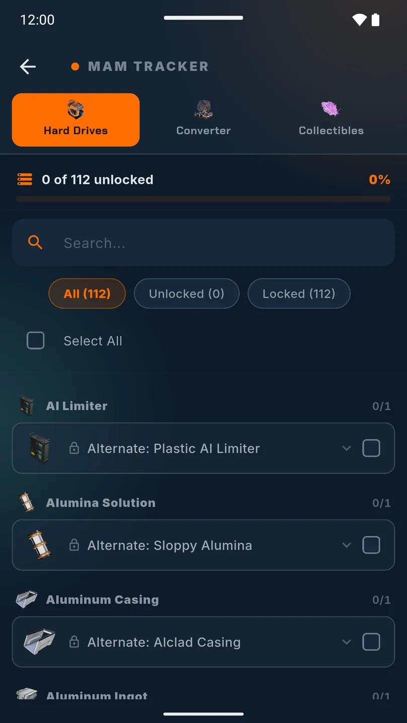 MAM tracker with alternate recipes and hard drive unlocks